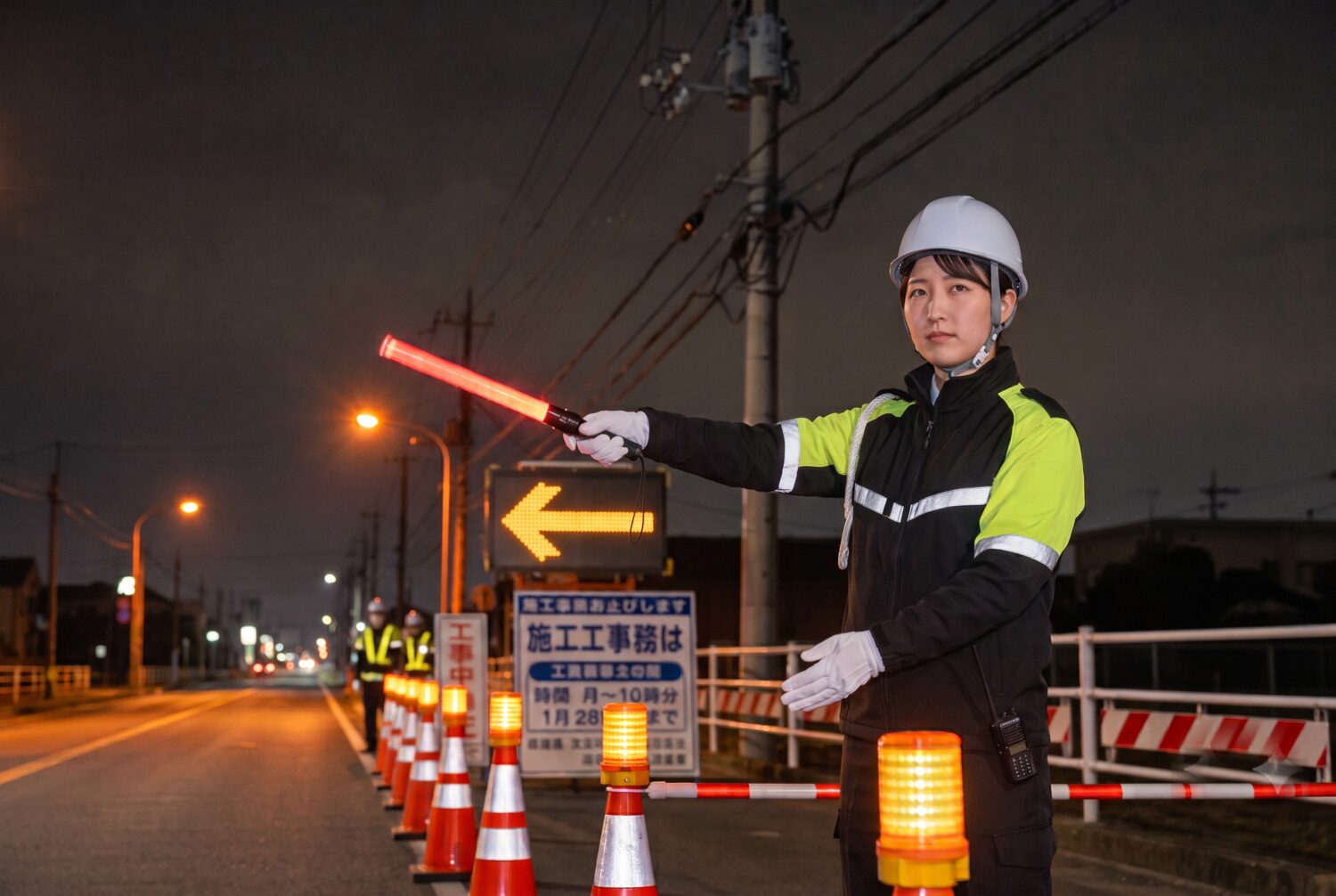 夜間の交通誘導にあたるMOKの警備員