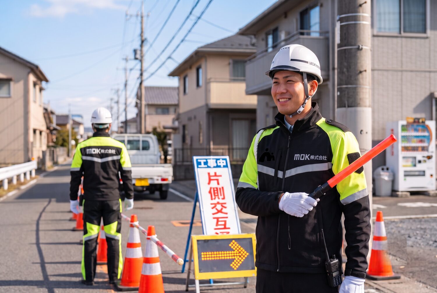 道路工事の現場で車両を誘導するMOKの警備員